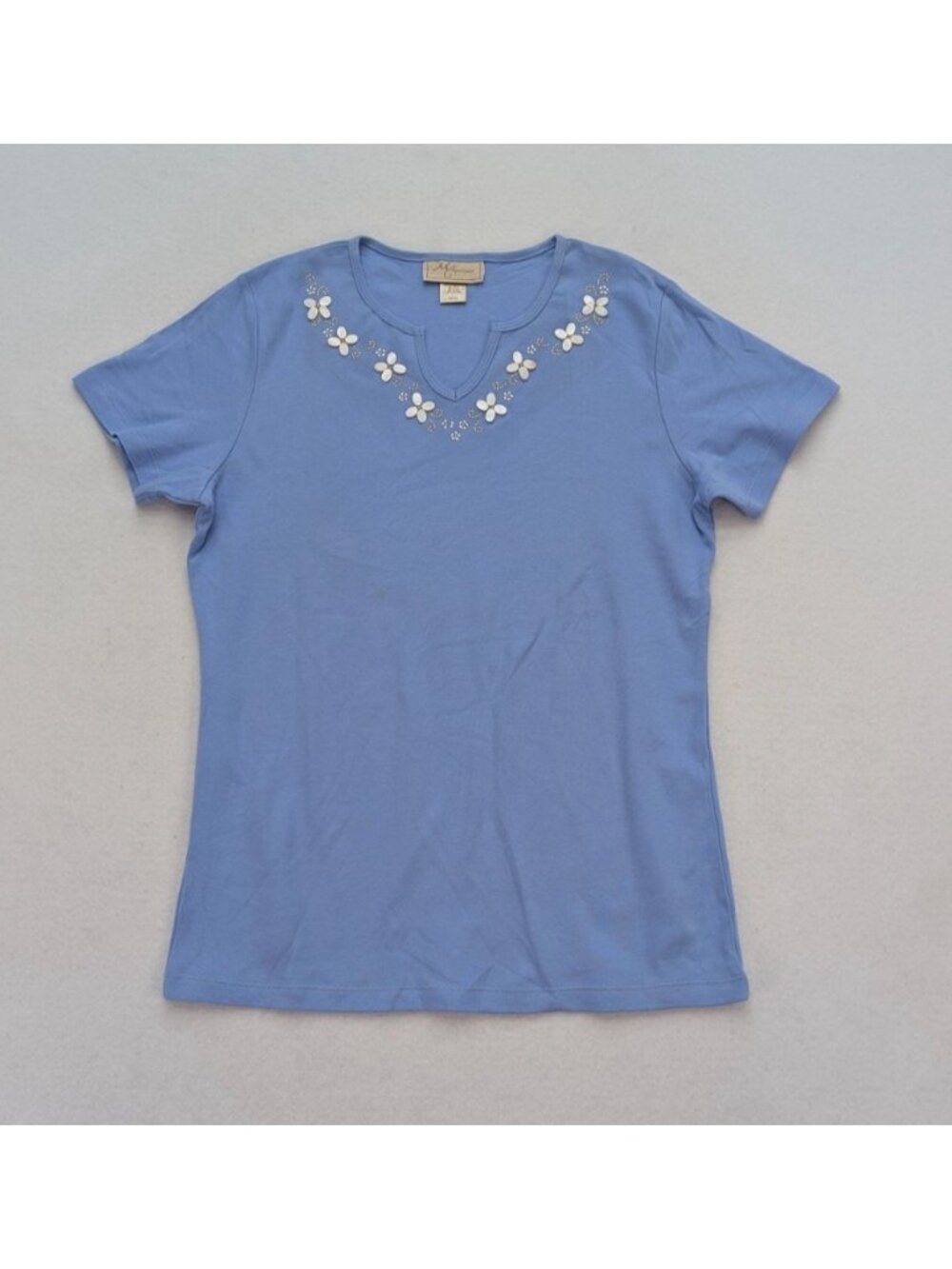 M&C Sportswear Women's Top Size L Blue Beaded V-Neck Short Sleeve T-Shirt